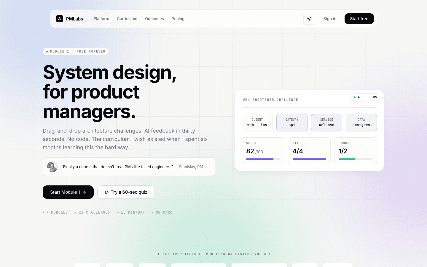 PMLabs — AI-scored system-design practice for product managers