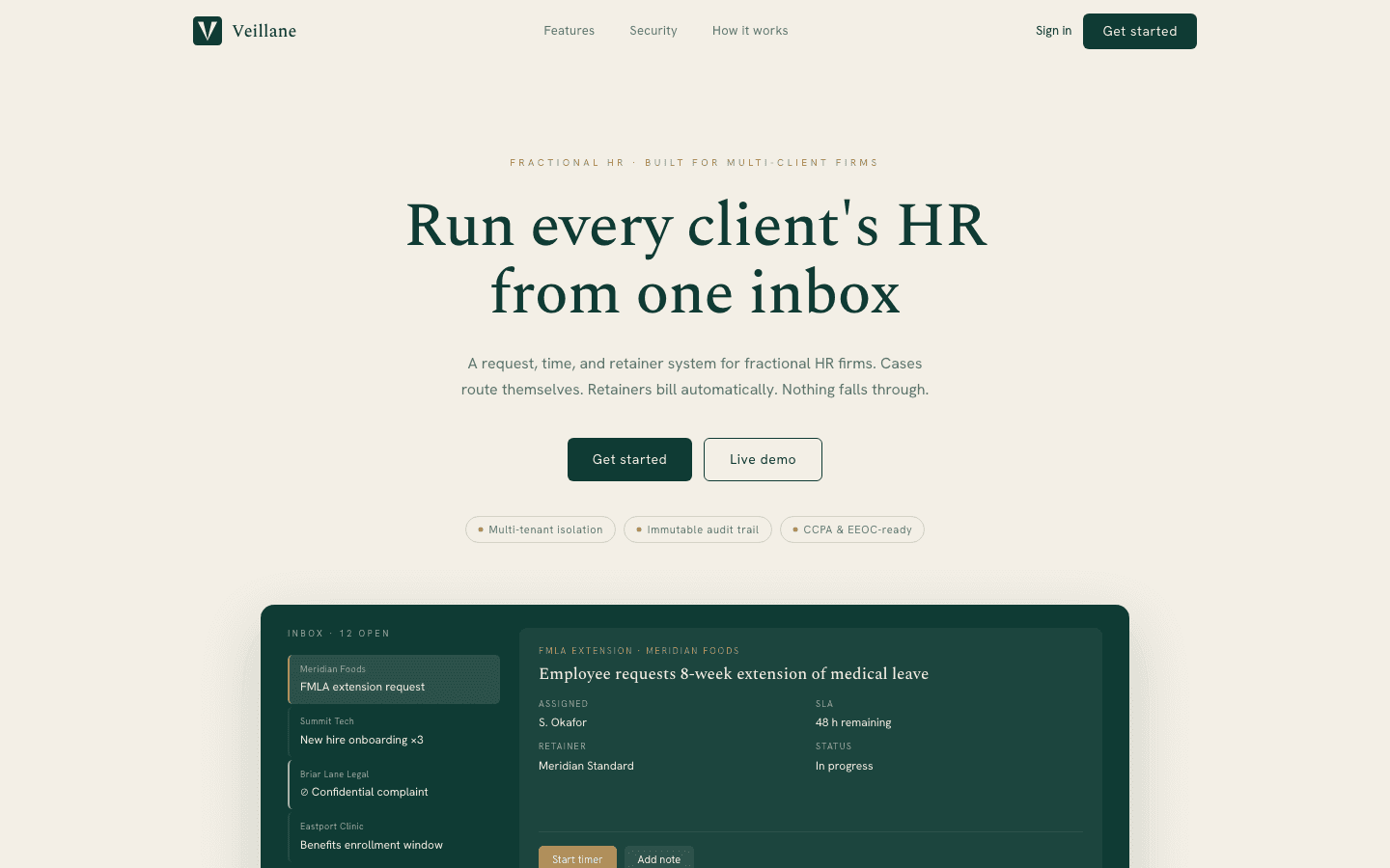 Veillane — run every client's HR from one inbox